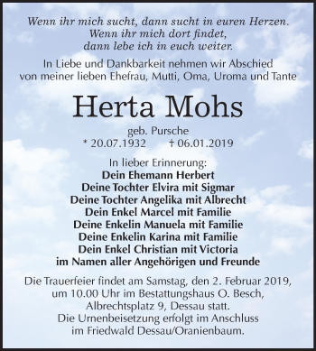 Traueranzeige von Herta Mohs von Mitteldeutsche Zeitung Dessau-Roßlau