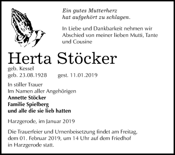 Traueranzeige von Herta Stöcker von Mitteldeutsche Zeitung Quedlinburg