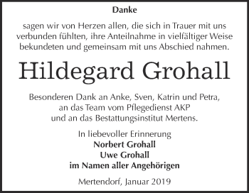 Traueranzeige von Hildegard Grohall von WVG - Wochenspiegel NMB / WSF / ZTZ
