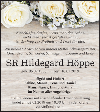 Traueranzeige von Hildegard Höppe von Mitteldeutsche Zeitung