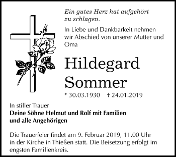 Traueranzeige von Hildegard Sommer von Mitteldeutsche Zeitung Dessau-Roßlau
