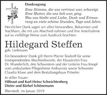 Traueranzeige von Hildegard Steffen von Super Sonntag Bernburg