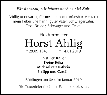 Traueranzeige von Horst Ahlig von Super Sonntag SGH Mansf. Land