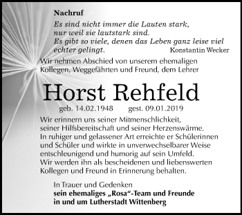 Traueranzeige von Horst Rehfeld von Mitteldeutsche Zeitung