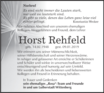 Traueranzeige von Horst Rehfeld von Super Sonntag Wittenberg