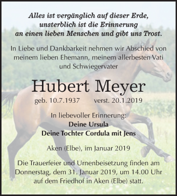 Traueranzeige von Hubert Meyer von Mitteldeutsche Zeitung Köthen