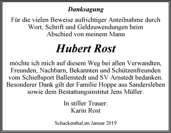 Traueranzeige von Hubert Rost von Super Sonntag Aschersleben