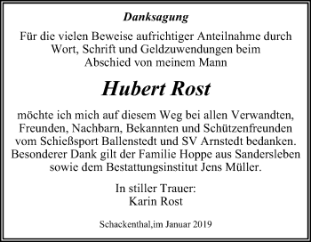 Traueranzeige von Hubert Rost von Mitteldeutsche Zeitung Aschersleben