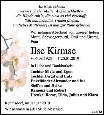 Traueranzeige von Ilse Kirmse von Super Sonntag Zeitz