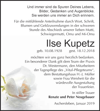 Traueranzeige von Ilse Kupetz von Super Sonntag Aschersleben