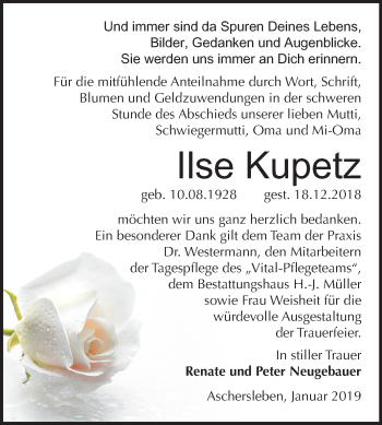 Traueranzeige von Ilse Kupetz von Mitteldeutsche Zeitung Aschersleben