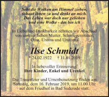 Traueranzeige von Ilse Schmidt von Super Sonntag Aschersleben