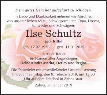 Traueranzeige von Ilse Schultz von Super Sonntag Wittenberg