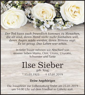 Traueranzeige von Ilse Sieber von Mitteldeutsche Zeitung Merseburg/Querfurt