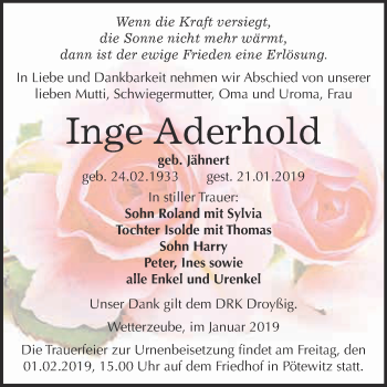 Traueranzeige von Inge Aderhold von Super Sonntag Zeitz
