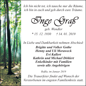 Traueranzeige von Inge Graß von Super Sonntag SGH Mansf. Land