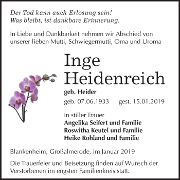 Traueranzeige von Inge Heidenreich von Mitteldeutsche Zeitung Sangerhausen
