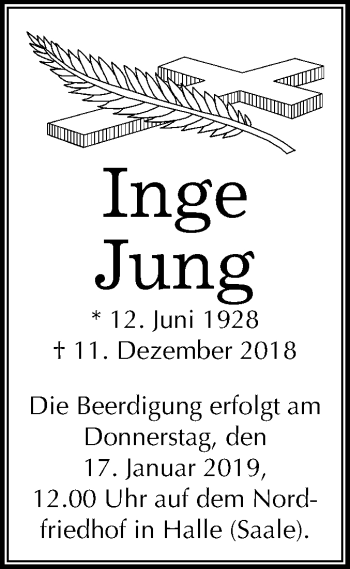 Traueranzeige von Inge Jung von Mitteldeutsche Zeitung Halle/Saalkreis