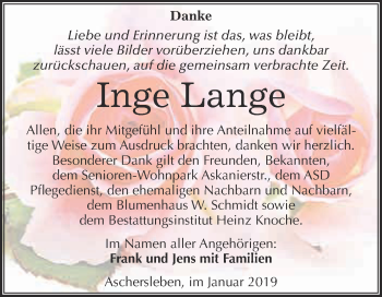 Traueranzeige von Inge Lange von Super Sonntag Aschersleben