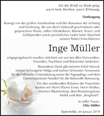Traueranzeige von Inge Müller von WVG - Wochenspiegel Quedlinburg