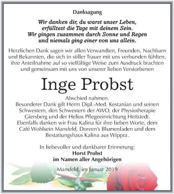 Traueranzeige von Inge Probst von Mitteldeutsche Zeitung