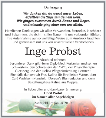 Traueranzeige von Inge Probst von Super Sonntag SGH Mansf. Land