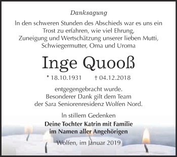 Traueranzeige von Inge Quooß von WVG - Wochenspiegel Bitterfeld