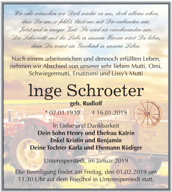 Traueranzeige von Inge Schroeter von Mitteldeutsche Zeitung Merseburg/Querfurt