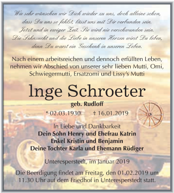 Traueranzeige von Inge Schroeter von WVG - Wochenspiegel Merseburg