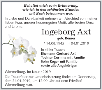 Traueranzeige von Ingeborg Axt von Mitteldeutsche Zeitung