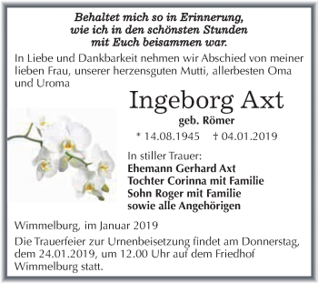 Traueranzeige von Ingeborg Axt von Wochenspiegel Mansfelder Land