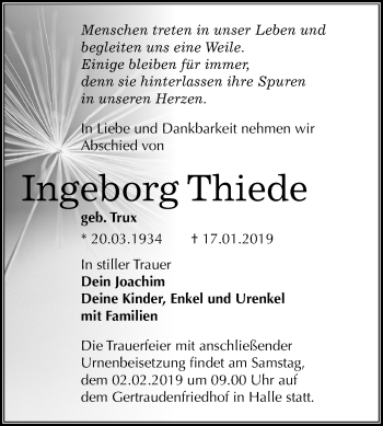 Traueranzeige von Ingeborg Thiede von Mitteldeutsche Zeitung Halle/Saalkreis