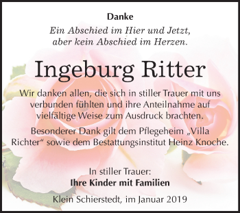 Traueranzeige von Ingeburg Ritter von Mitteldeutsche Zeitung Aschersleben