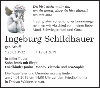 Traueranzeige von Ingeburg Schildhauer von Mitteldeutsche Zeitung