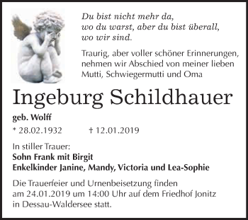 Traueranzeige von Ingeburg Schildhauer von WVG - Wochenspiegel Dessau / Köthen
