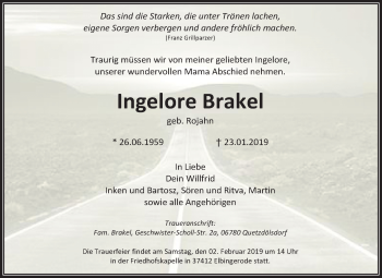 Traueranzeige von Ingelore Brakel von Mitteldeutsche Zeitung Bitterfeld