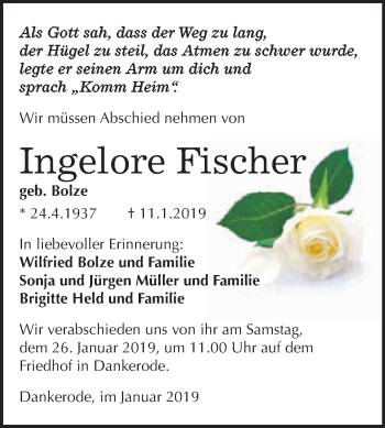 Traueranzeige von Ingelore Fischer von WVG - Wochenspiegel Quedlinburg