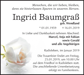 Traueranzeige von Ingrid Baumgraß von Mitteldeutsche Zeitung Quedlinburg
