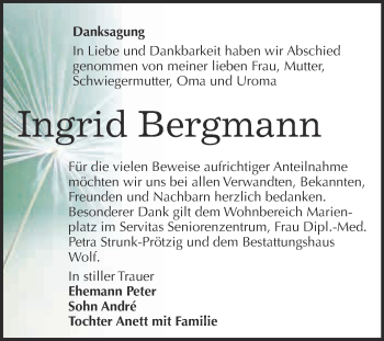 Traueranzeige von Ingrid Bergmann von WVG - Wochenspiegel NMB / WSF / ZTZ