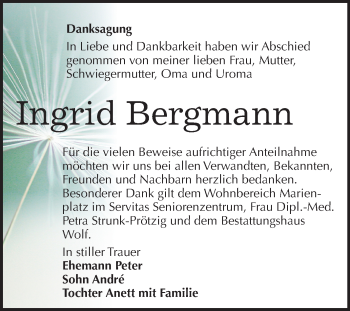 Traueranzeige von Ingrid Bergmann von Mitteldeutsche Zeitung Weißenfels