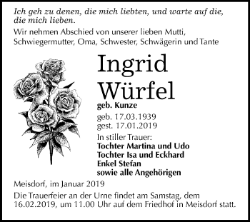 Traueranzeige von Ingrid Würfel von Mitteldeutsche Zeitung Quedlinburg