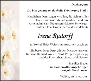 Traueranzeige von Irene Rudorff von WVG - Wochenspiegel Bitterfeld