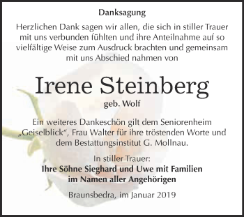 Traueranzeige von Irene Steinberg von WVG - Wochenspiegel Merseburg
