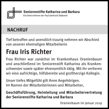 Traueranzeige von Iris Richter von Super Sonntag Wittenberg
