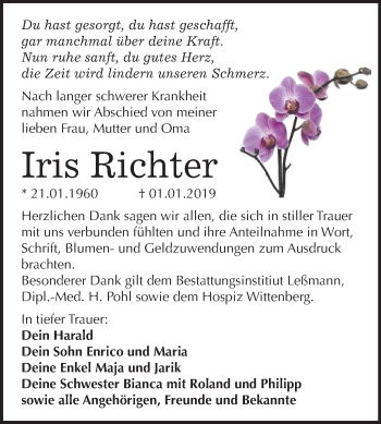 Traueranzeige von Iris Richter von Mitteldeutsche Zeitung