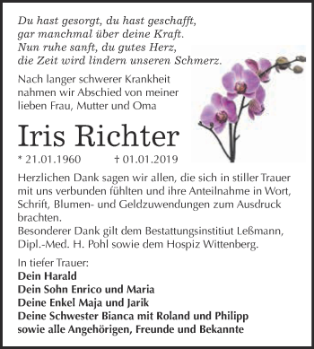Traueranzeige von Iris Richter von Super Sonntag Wittenberg