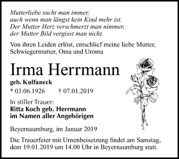 Traueranzeige von Irma Herrmann von WVG - Wochenspiegel SGH