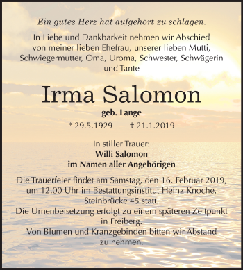 Traueranzeige von Irma Salomon von Mitteldeutsche Zeitung Aschersleben