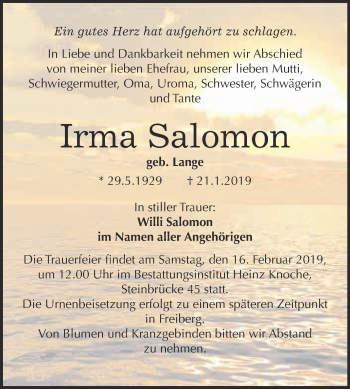 Traueranzeige von Irma Salomon von Super Sonntag Aschersleben