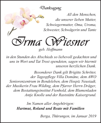 Traueranzeige von Irma Wiesner von Mitteldeutsche Zeitung